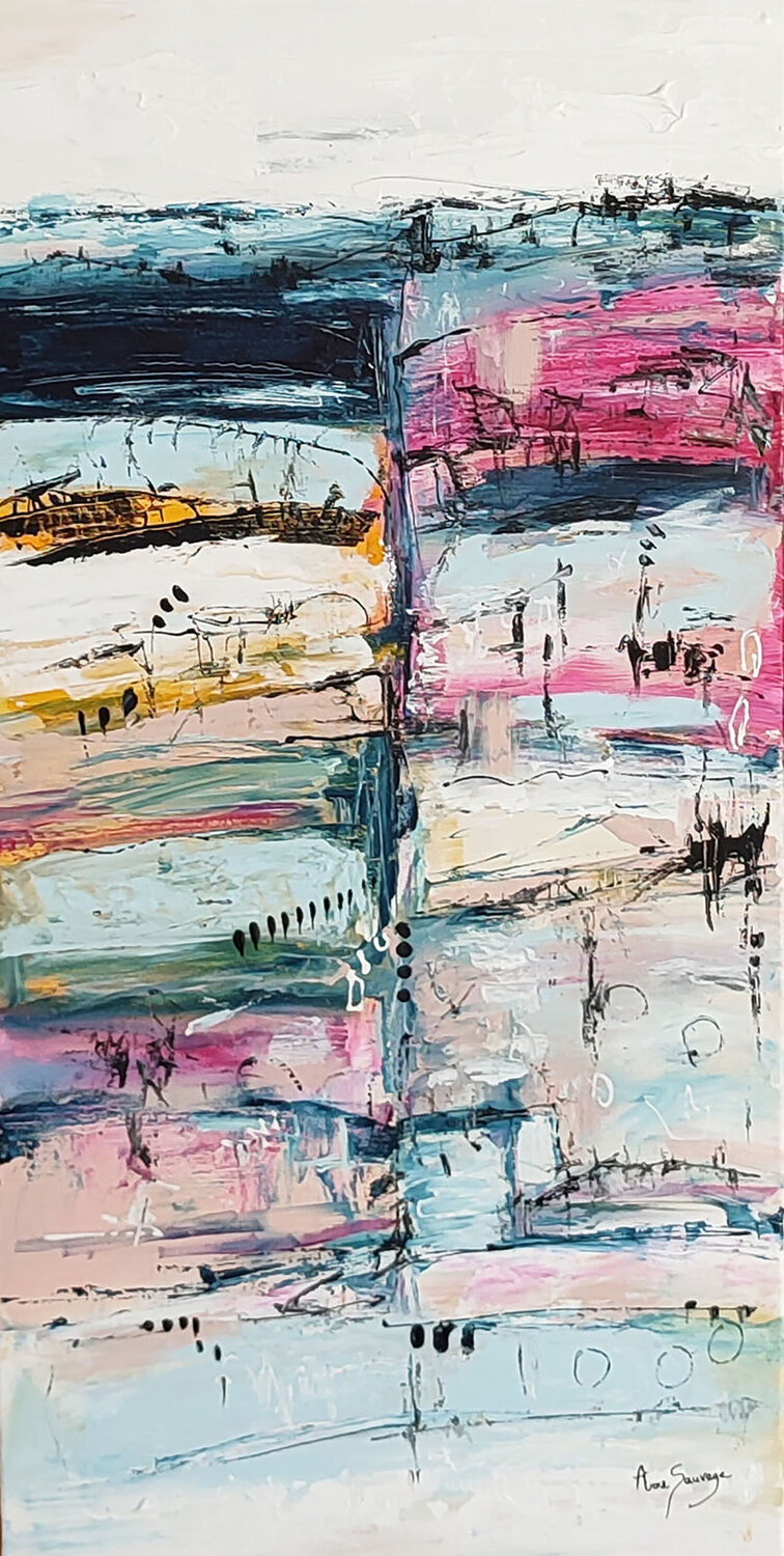 Les étages supérieurs - tableau abstrait vertical panoramique bleu rose blanc ÂME SAUVAGE