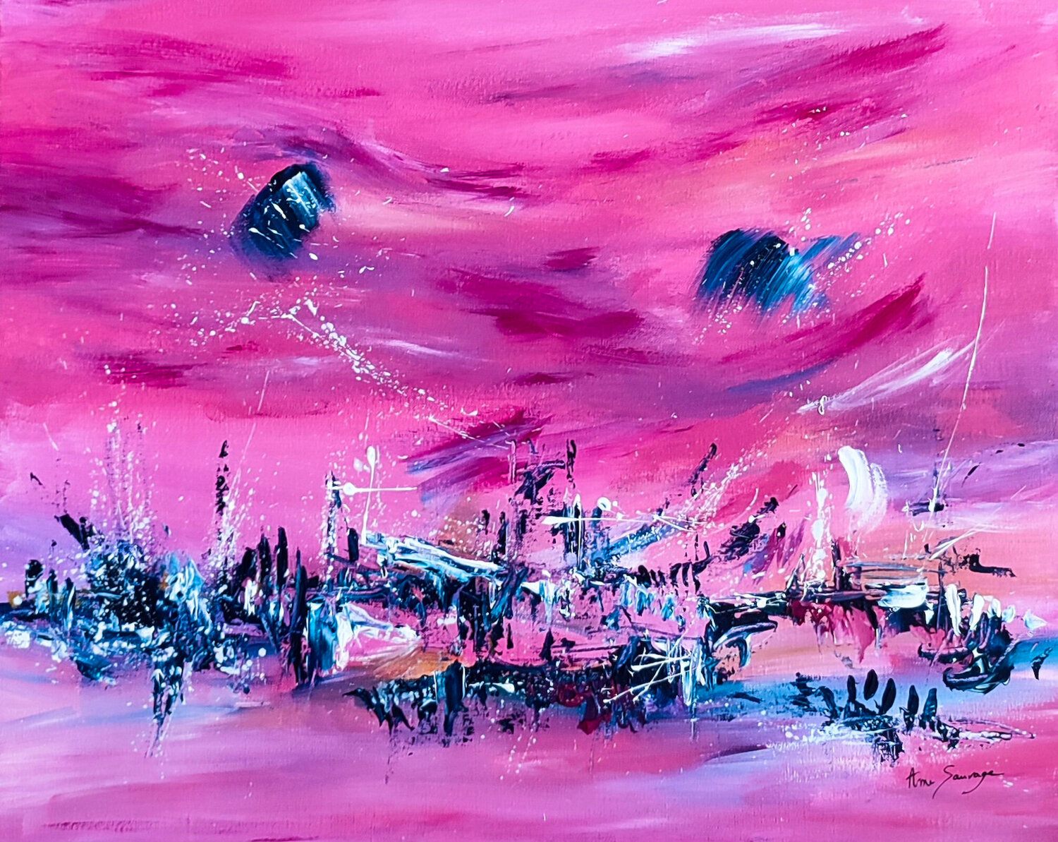 Objets volants - tableau abstrait rose ÂME SAUVAGE