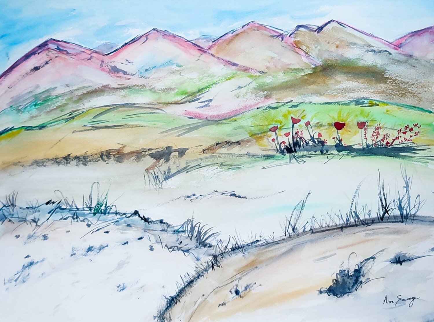 Les montagnes roses - aquarelle paysage ÂME SAUVAGE Originalgemälde zu verkaufen