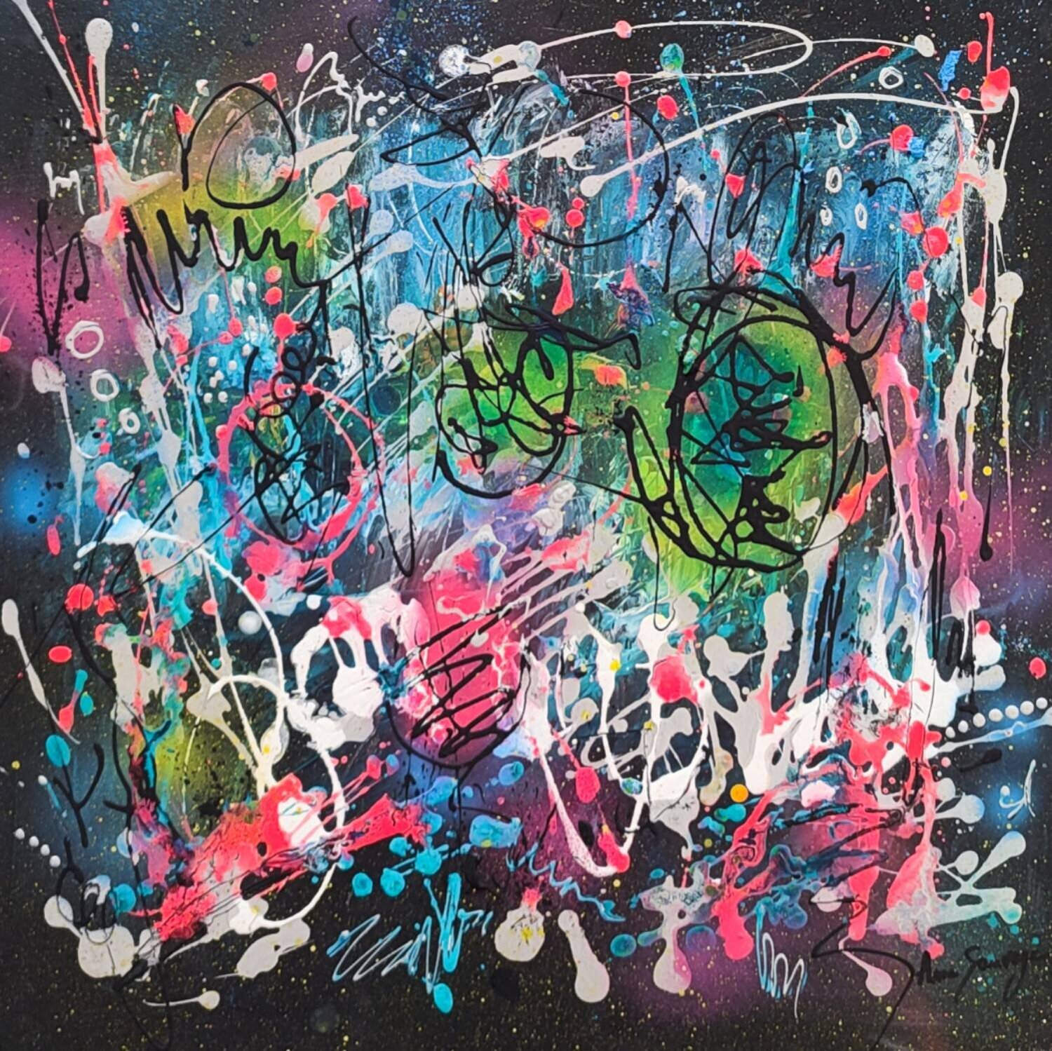 Le ciel effacé - tableau abstrait design multicolore sur fond noir ÂME SAUVAGE Peinture originale à vendre