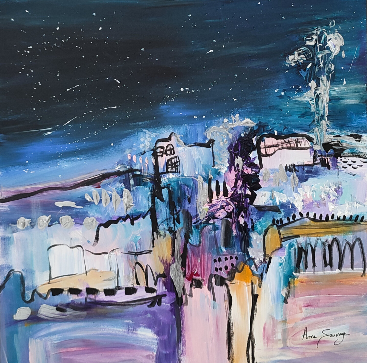Une nuit d'hiver - tableau abstrait violet ÂME SAUVAGE