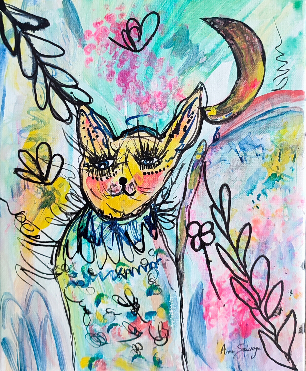 Le chat et la lune 2 - tableau chat coloré ÂME SAUVAGE Originalgemälde zu verkaufen
