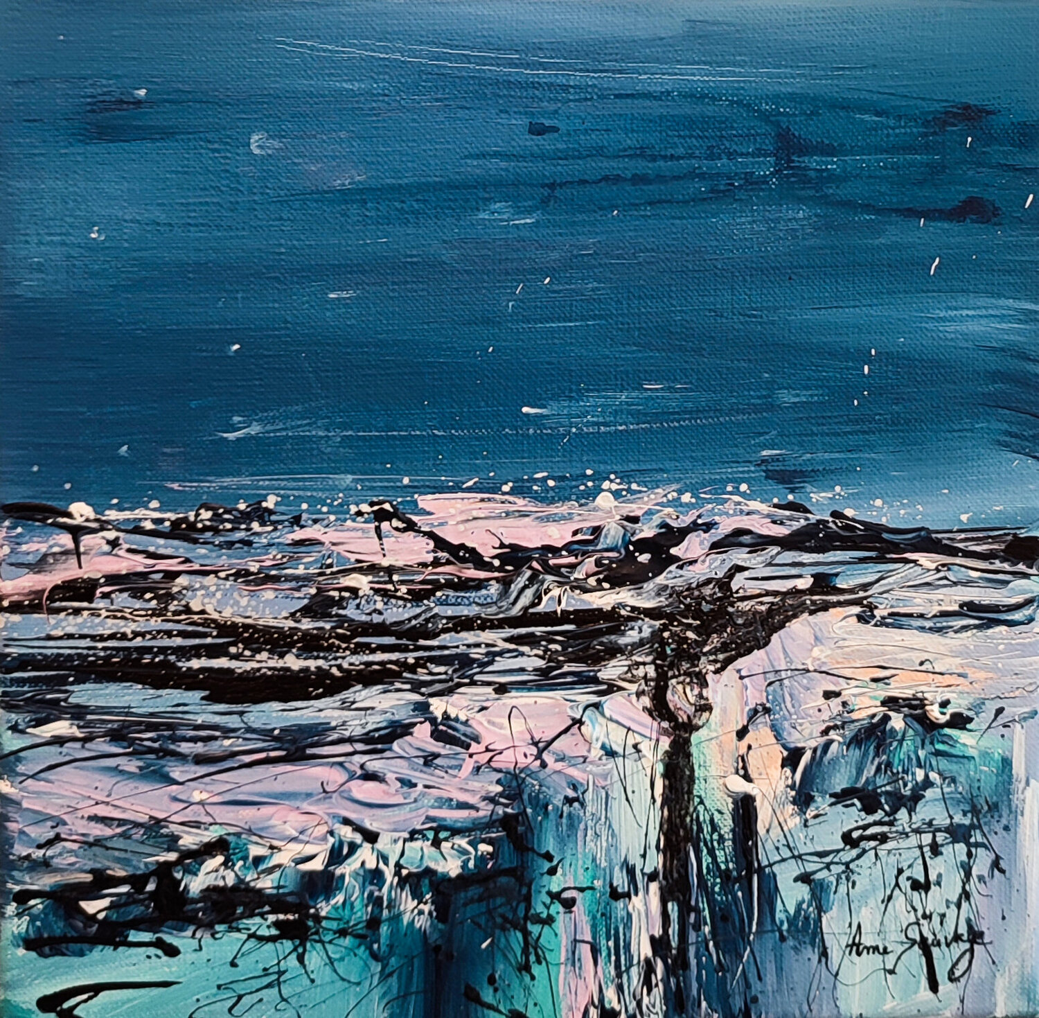 Horizon de glace  - tableau abstrait bleu rose acrylique ÂME SAUVAGE Originalgemälde zu verkaufen