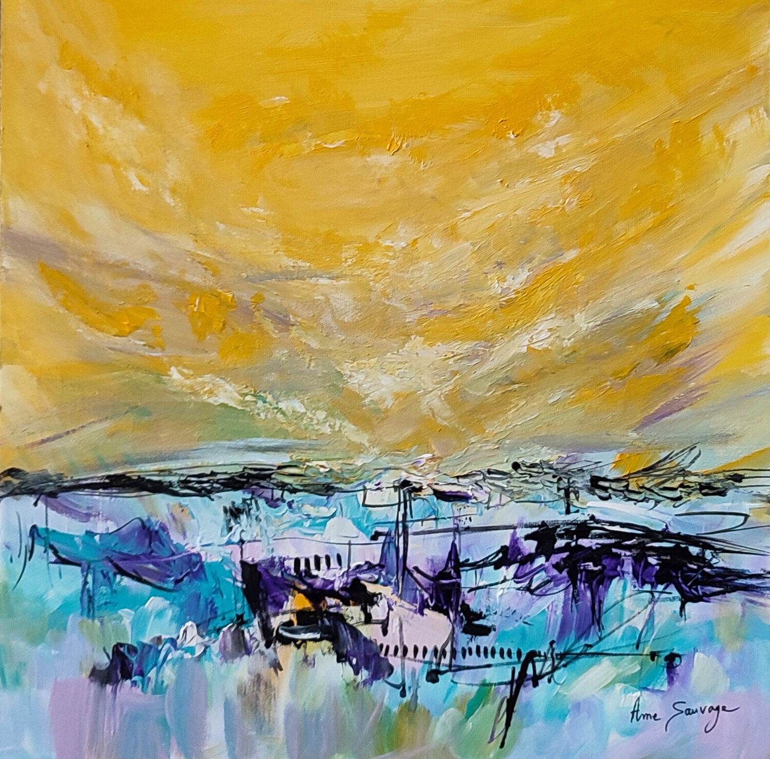 Afflux solaire - tableau abstrait jaune violet ÂME SAUVAGE Originalgemälde zu verkaufen