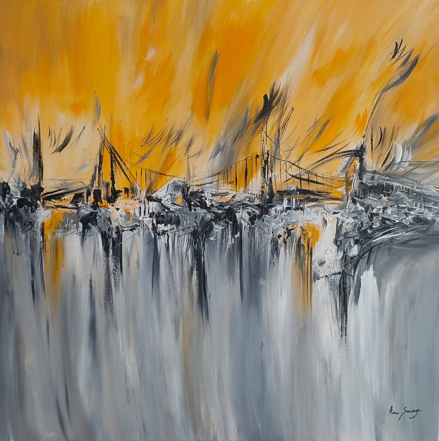 Le pont agité - grand tableau abstrait jaune gris ÂME SAUVAGE Originalgemälde zu verkaufen