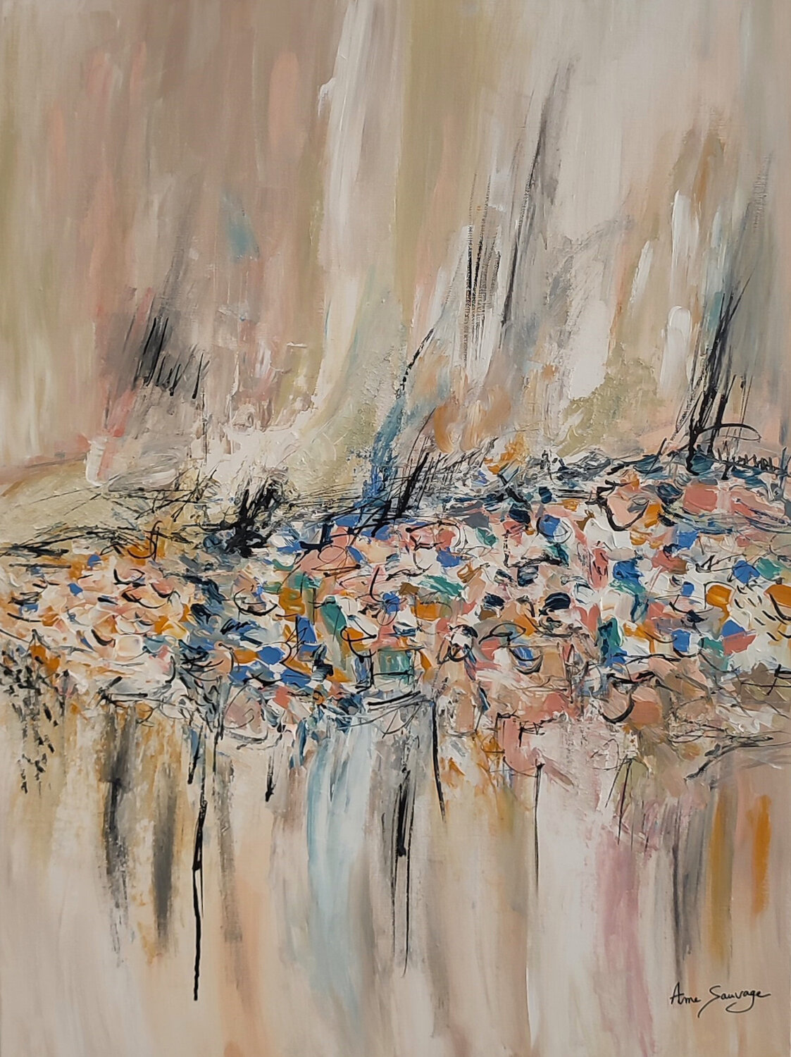 Fleurs pastel - tableau abstrait beige avec matière et reliefs ÂME SAUVAGE Originalgemälde zu verkaufen