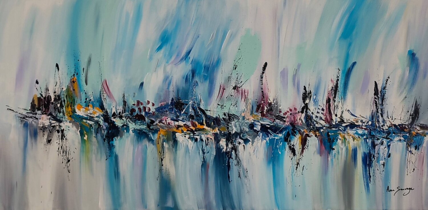 Les magiciens créateurs - tableau abstrait panoramique bleu ÂME SAUVAGE Originalgemälde zu verkaufen