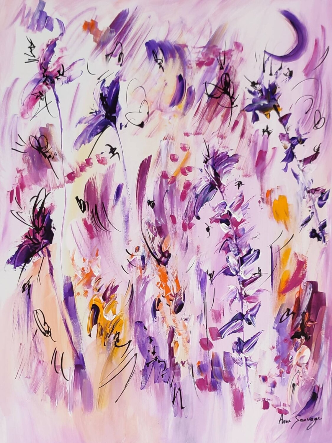 Purple fly - tableau abstrait  fleurs violet mauve ÂME SAUVAGE Originalgemälde zu verkaufen