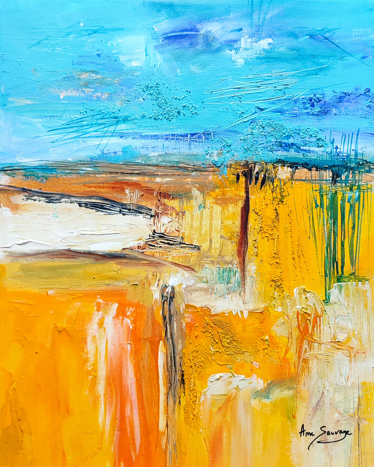 Le sable chaud - tableau abstrait bleu jaune ÂME SAUVAGE