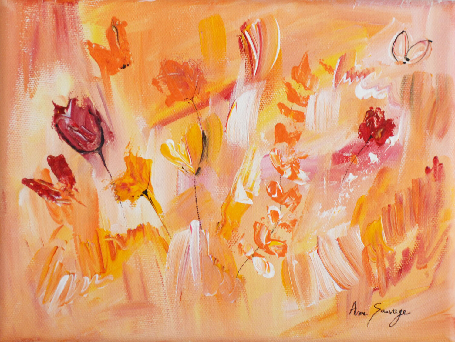 Dessin floral - tableau abstrait orange fleurs ÂME SAUVAGE Originalgemälde zu verkaufen