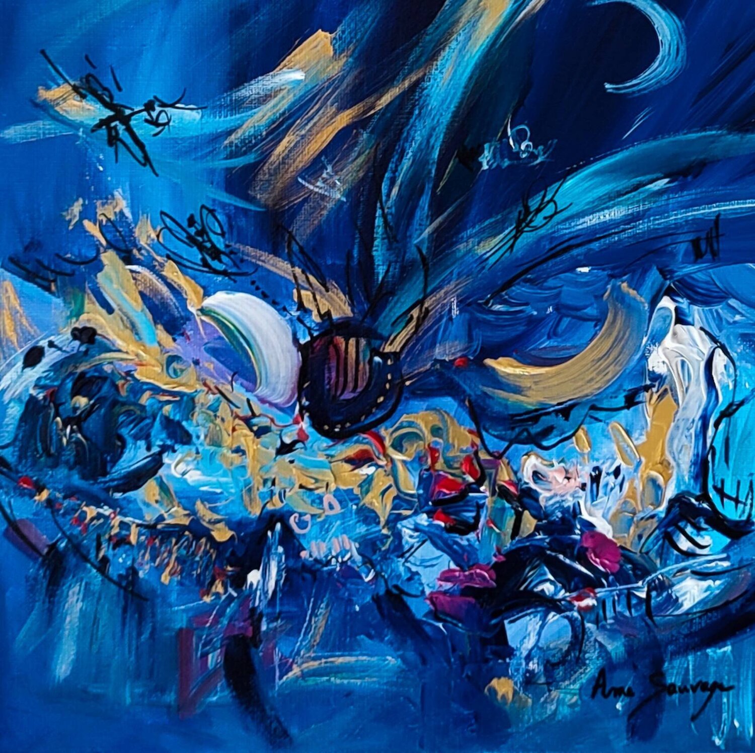 Vie aquatique - tableau abstrait bleu ÂME SAUVAGE Originalgemälde zu verkaufen