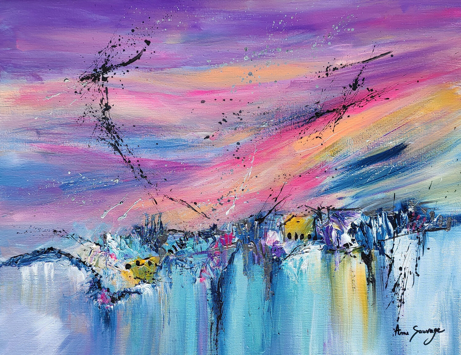 Vague céleste - tableau abstrait violet rose acrylique ÂME SAUVAGE Originalgemälde zu verkaufen