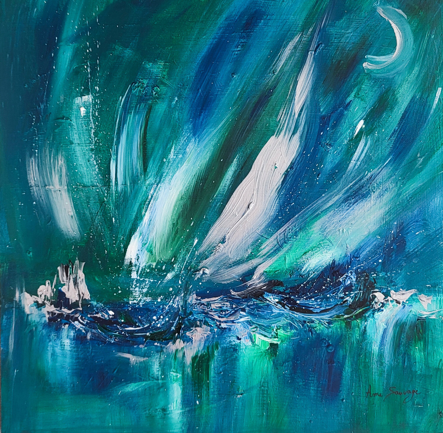 Embarqué dans le vent - tableau abstrait vert ÂME SAUVAGE Dipinto originale in vendita