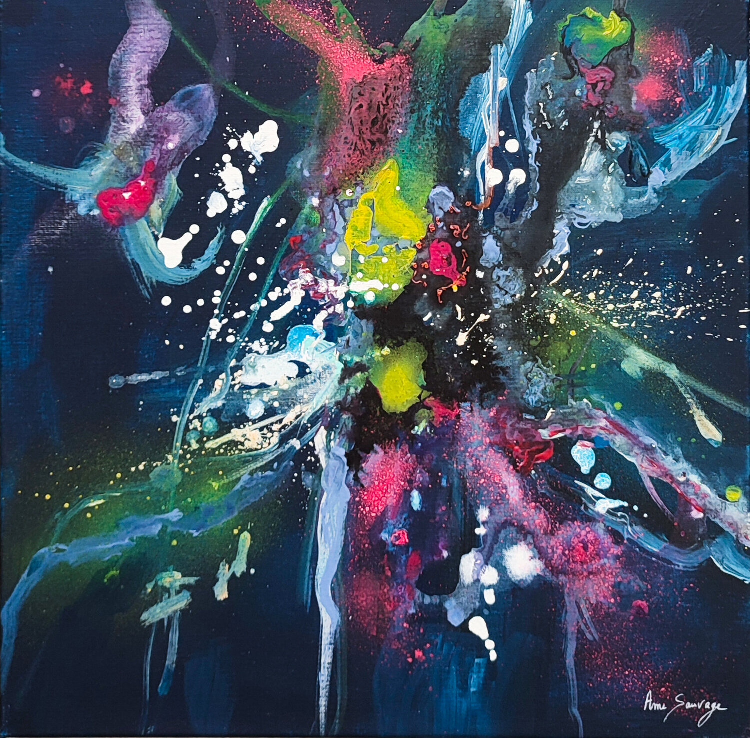 Implosion - tableau abstrait coloré sur fond noir ÂME SAUVAGE Originalgemälde zu verkaufen