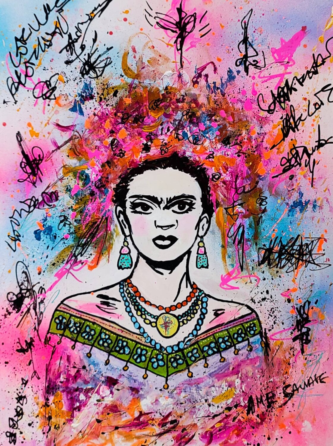 Pink Frida - tableau abstrait Frida Kahlo ÂME SAUVAGE Dipinto originale in vendita