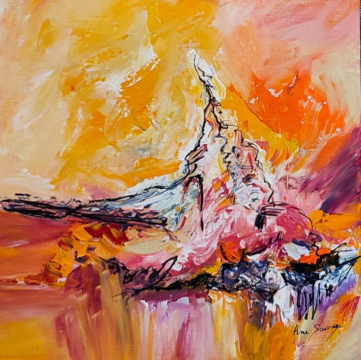 Le mont blanc - tableau abstrait jaune orange ÂME SAUVAGE Originalgemälde zu verkaufen