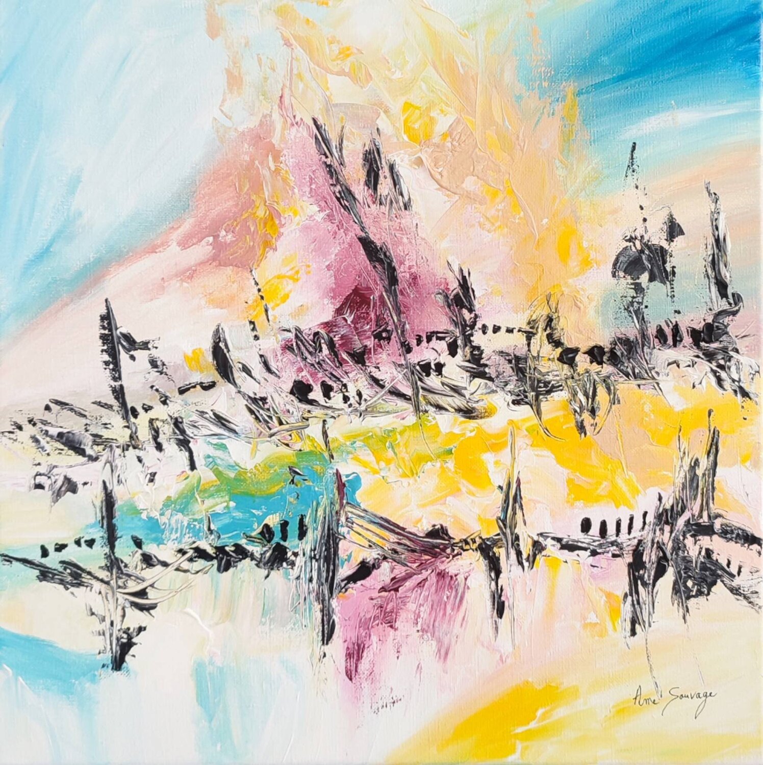 Pont en flammes - tableau abstrait multicolore ÂME SAUVAGE Originalgemälde zu verkaufen