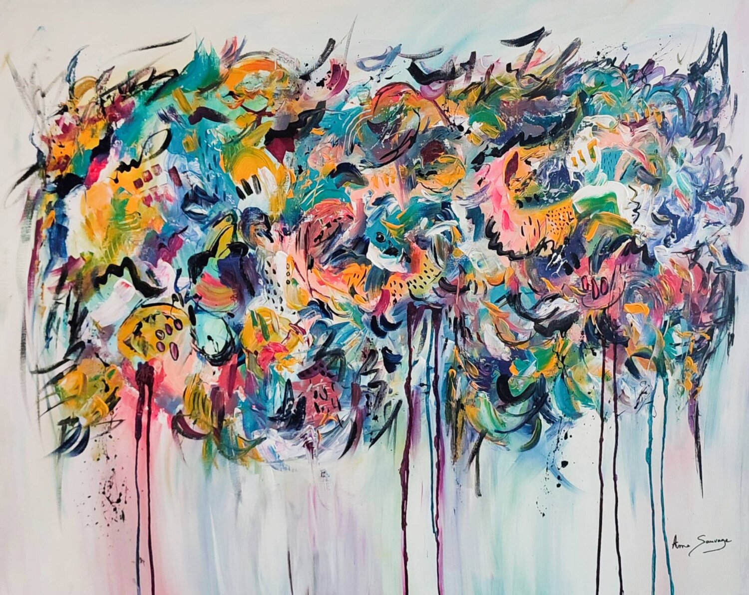 Objets et formes - grand tableau abstrait multicolore ÂME SAUVAGE Origineel schilderij te koop