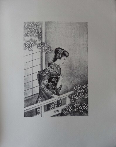 Japonaise à l’éventail, Lithographie originale signée de Kiyoshi Hasegawa, Impresión a la venta en Singulart
