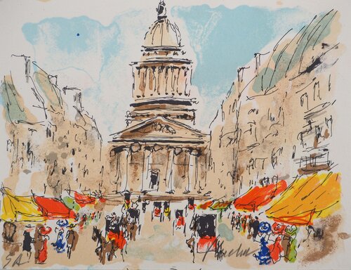 Paris, Place du Panthéon, Lithographie originale signée van Urbain Huchet, Afdruk te koop op Singulart