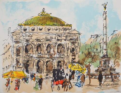 Paris, Place de l'Opéra, Lithographie originale signée di Urbain Huchet, Stampa in vendita su Singulart