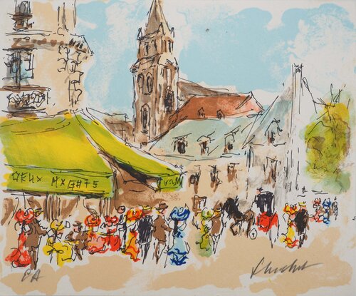 Paris, Les Deux Magots à Saint Germain des Prés, Lithographie originale signée by Urbain Huchet, Print for Sale on Singulart