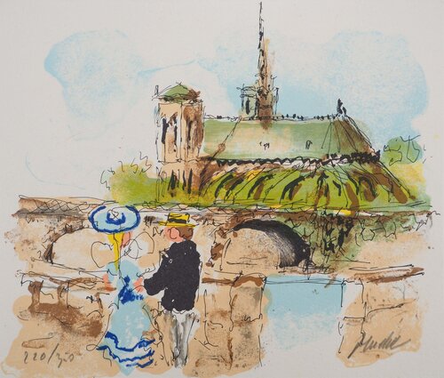 Paris, Amoureux près de Notre Dame, Lithographie originale signée by Urbain Huchet, Print for Sale on Singulart
