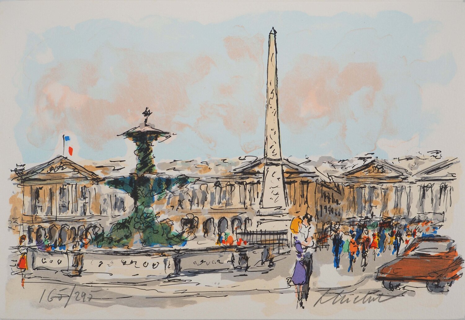 Paris, Place de la Concorde et Obélisque, Lithographie originale signée Urbain Huchet Print for sale