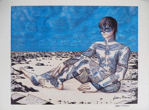 Fusion avec la nature, Homme aux tatouages d'oiseaux, Lithographie signée by Jean Marais, Print for Sale on Singulart