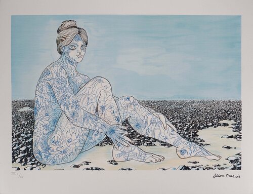 Fusion avec la nature, Femme aux tatouages de fleurs, Lithographie signée Jean Marais