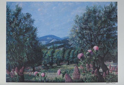 Provence, Champs d'oliviers en été, Lithographie signée par Jean Marais, Édition en vente sur Singulart