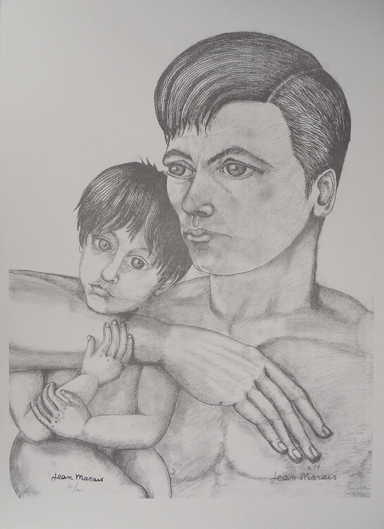 La Paternité, père et fils, Lithographie signée Jean Marais