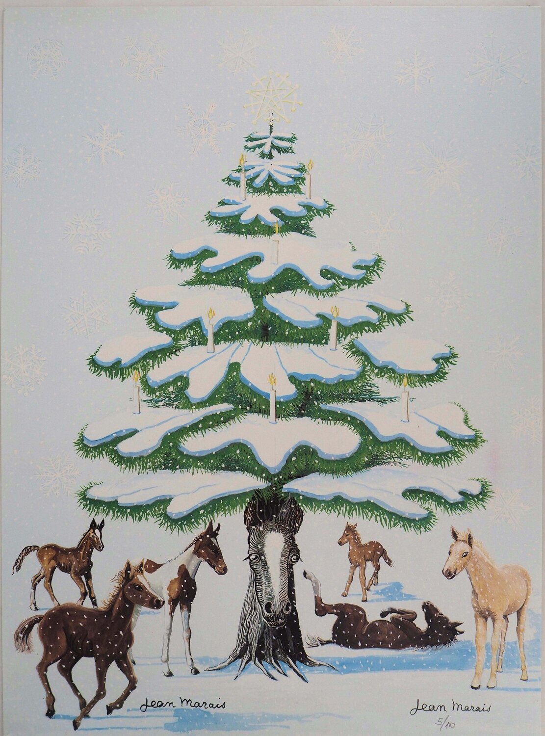 Sapin de Noel enneigé et Chevaux Jean Marais Print for sale