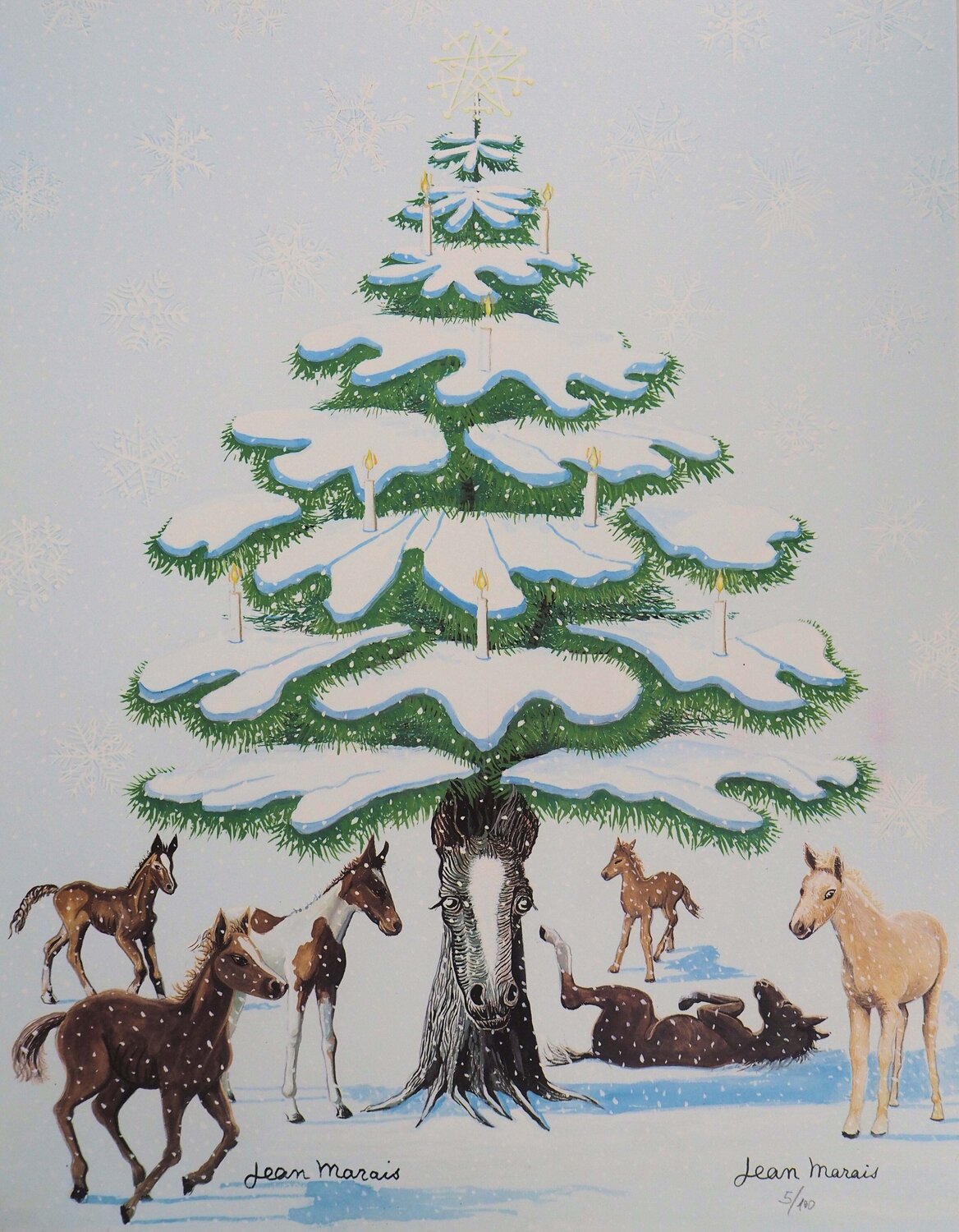 Sapin de Noel enneigé et Chevaux Jean Marais Druck zu verkaufen