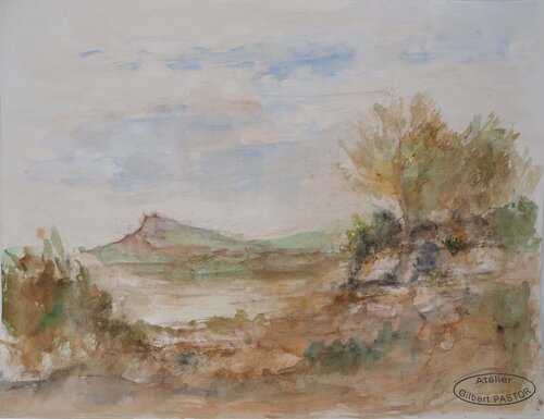 Chemin menant à un volcan, Aquarelle originale signée Gilbert Pastor