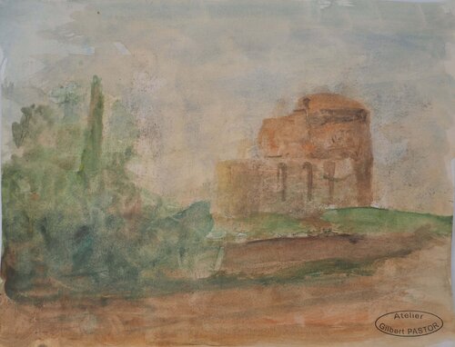 Bâtiment de l'autre coté du champ, Aquarelle originale signée Gilbert Pastor
