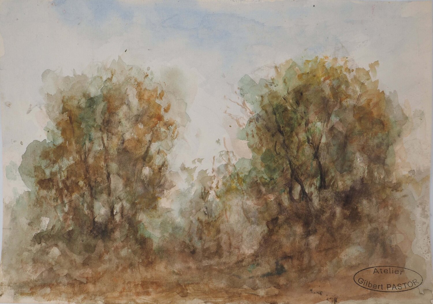 Lisière sous le brouillard, Aquarelle originale signée Gilbert Pastor Werk auf Papier zu verkaufen