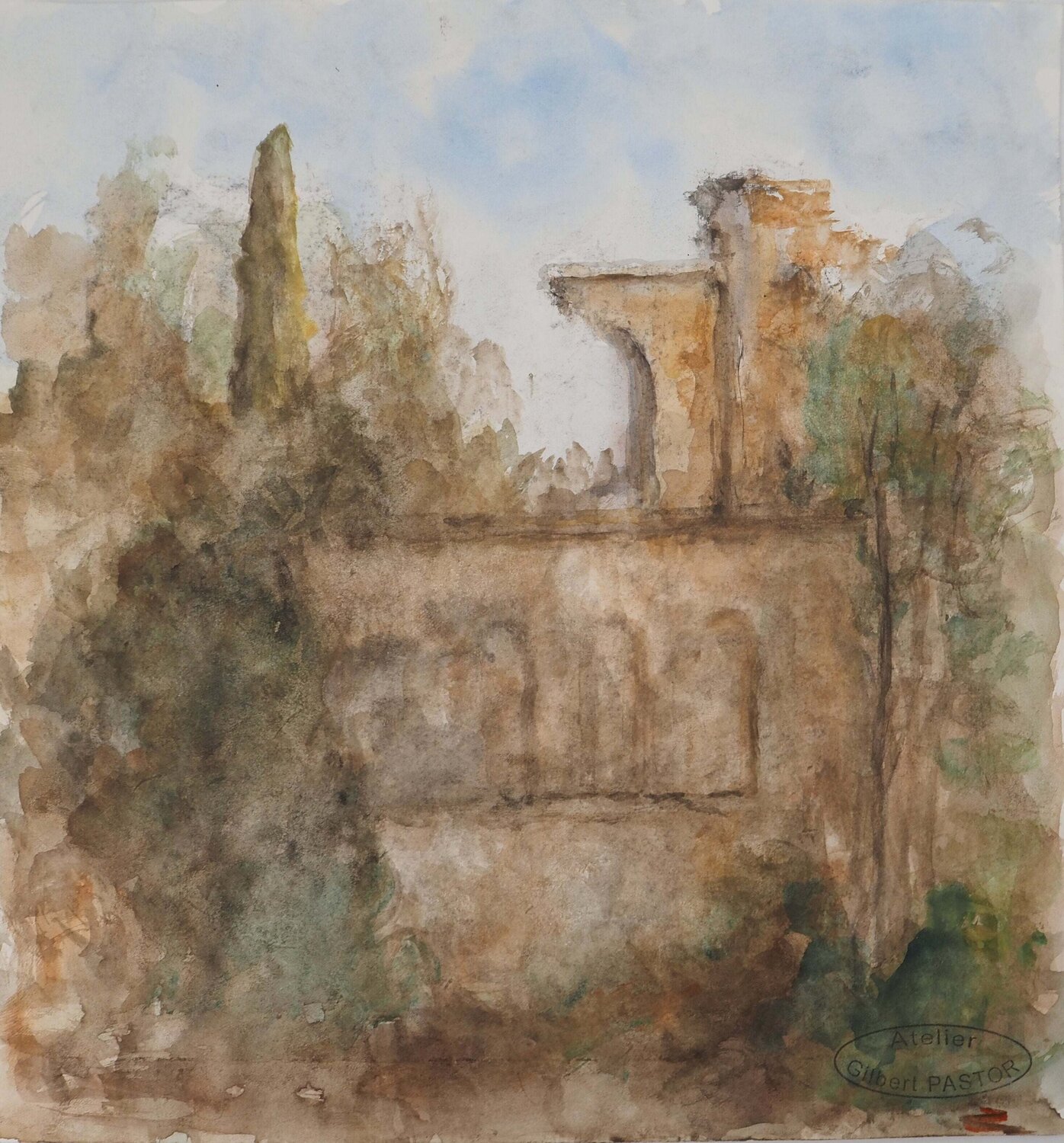 Ruine d'un mur entouré d'une forêt Gilbert Pastor Obra en papel en venta