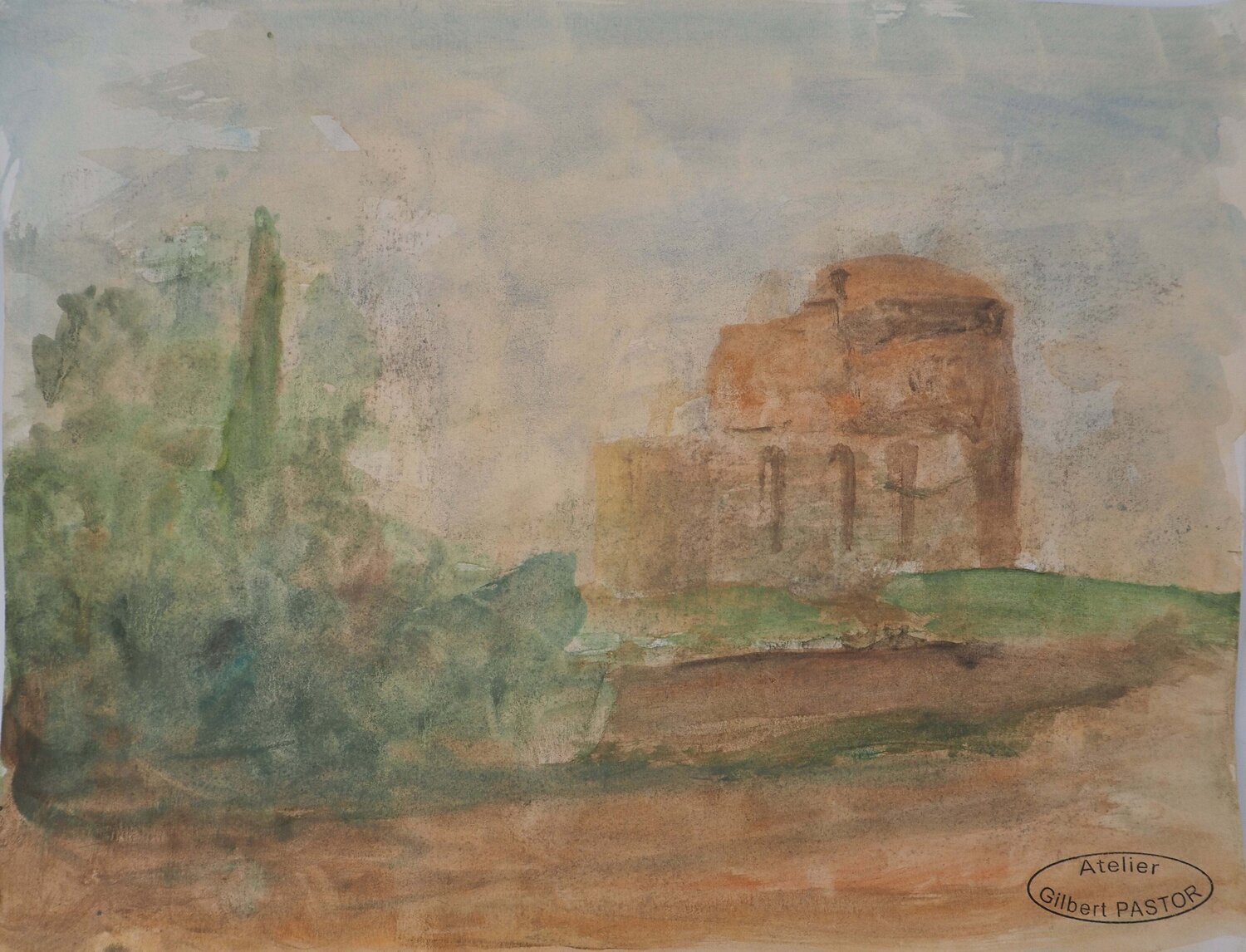 Bâtiment de l'autre coté du champ, Aquarelle originale signée Gilbert Pastor Work on Paper for sale