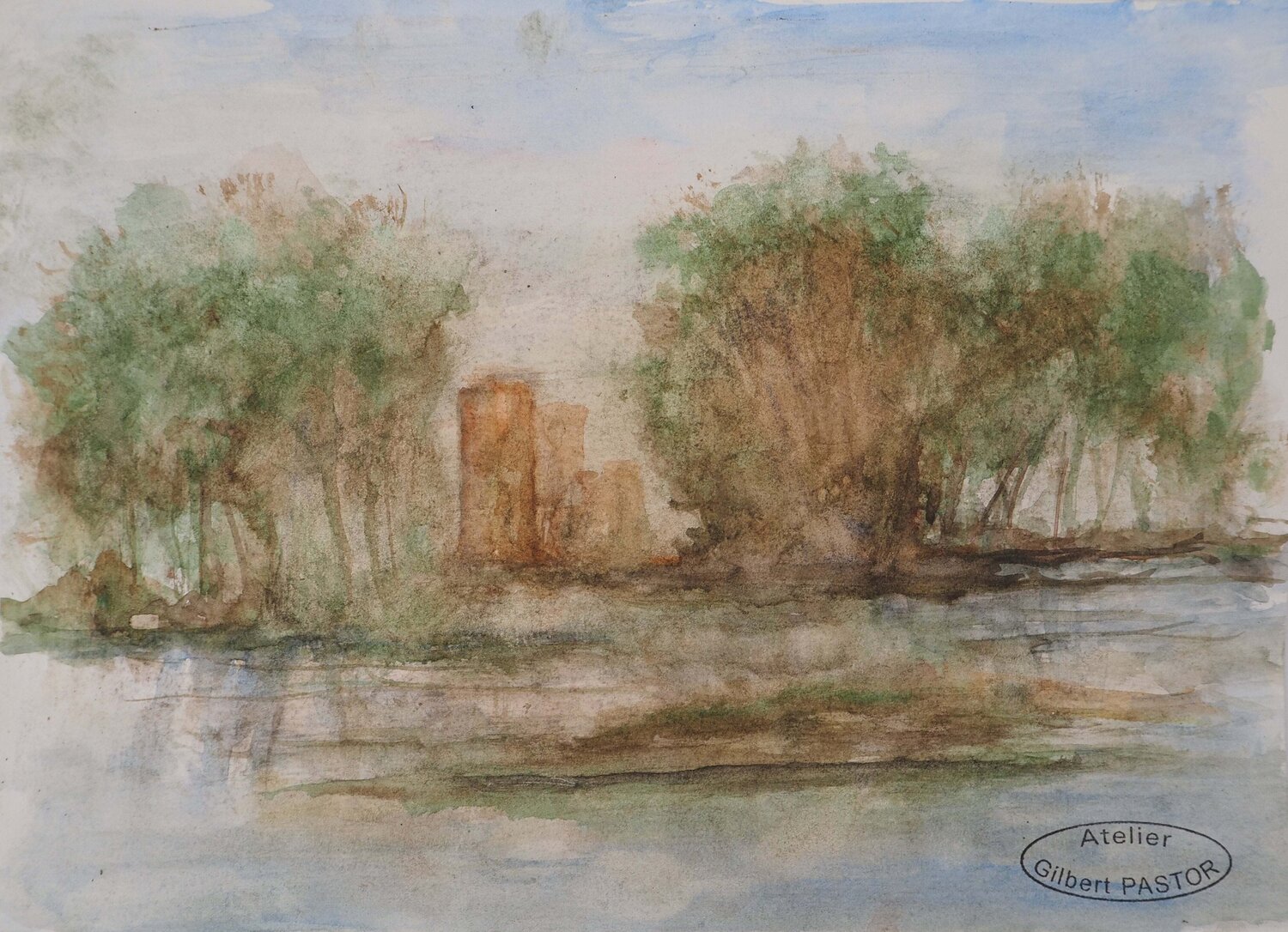 Ruines au bout du marais  Gilbert Pastor Œuvre sur papier à vendre