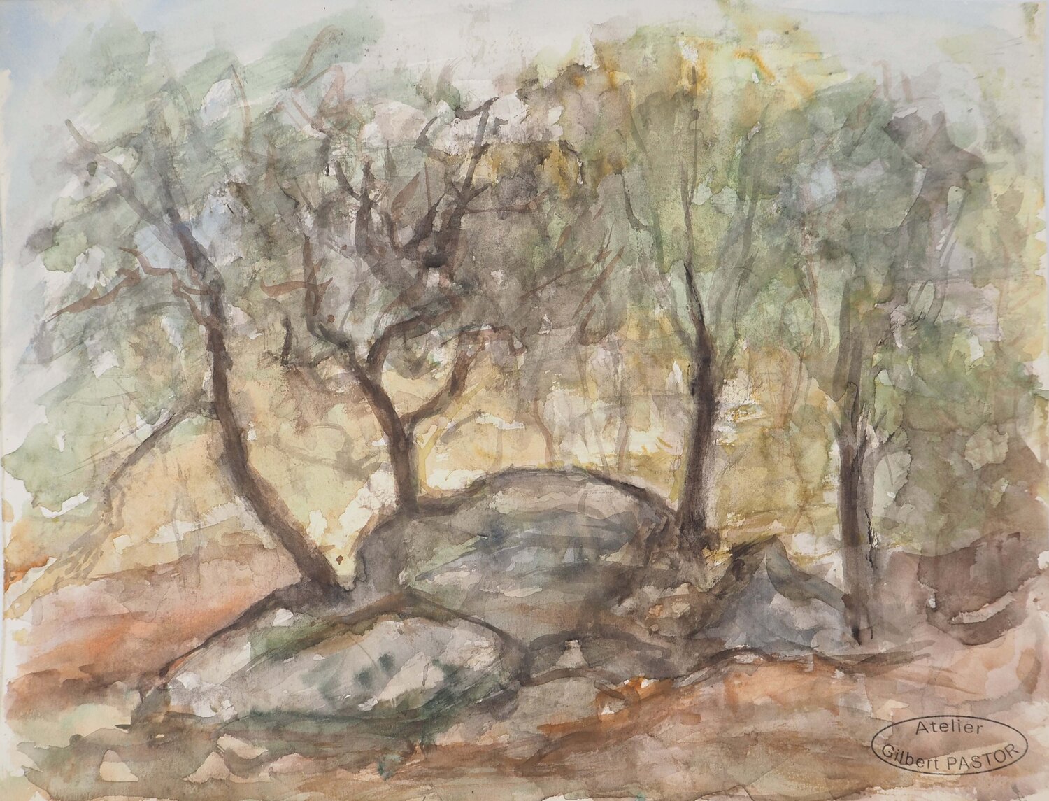 Coucher de soleil derrière les arbres  Gilbert Pastor Work on Paper for sale