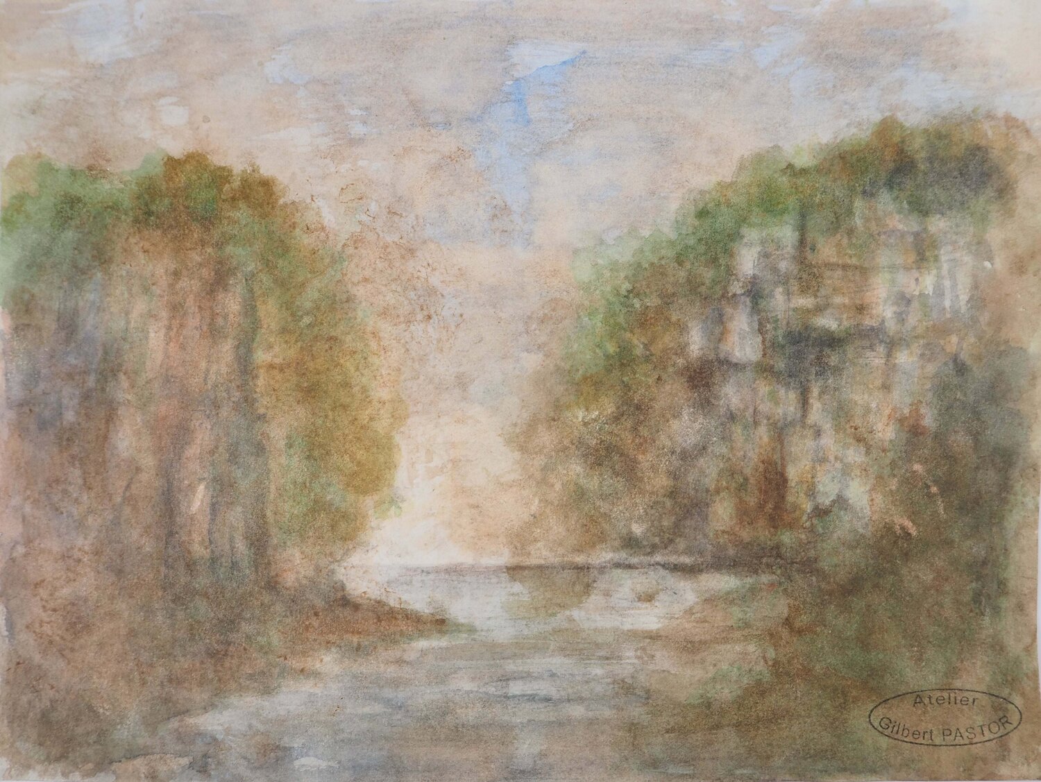 Rivière passant entre deux falaises  Gilbert Pastor Opera su carta in vendita