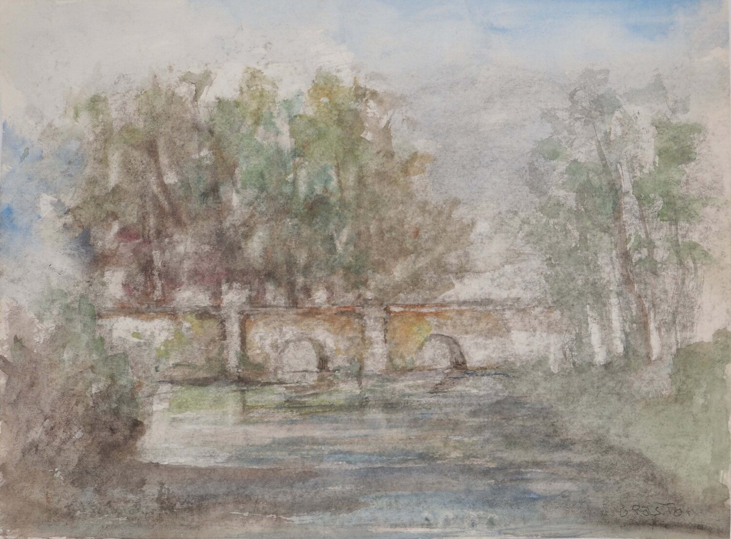 Pont à voûte sous le brouillard Gilbert Pastor Obra en papel en venta