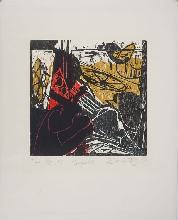 Le cirque abstrait, Gravure sur bois originale signée Barrientos Rodrigo