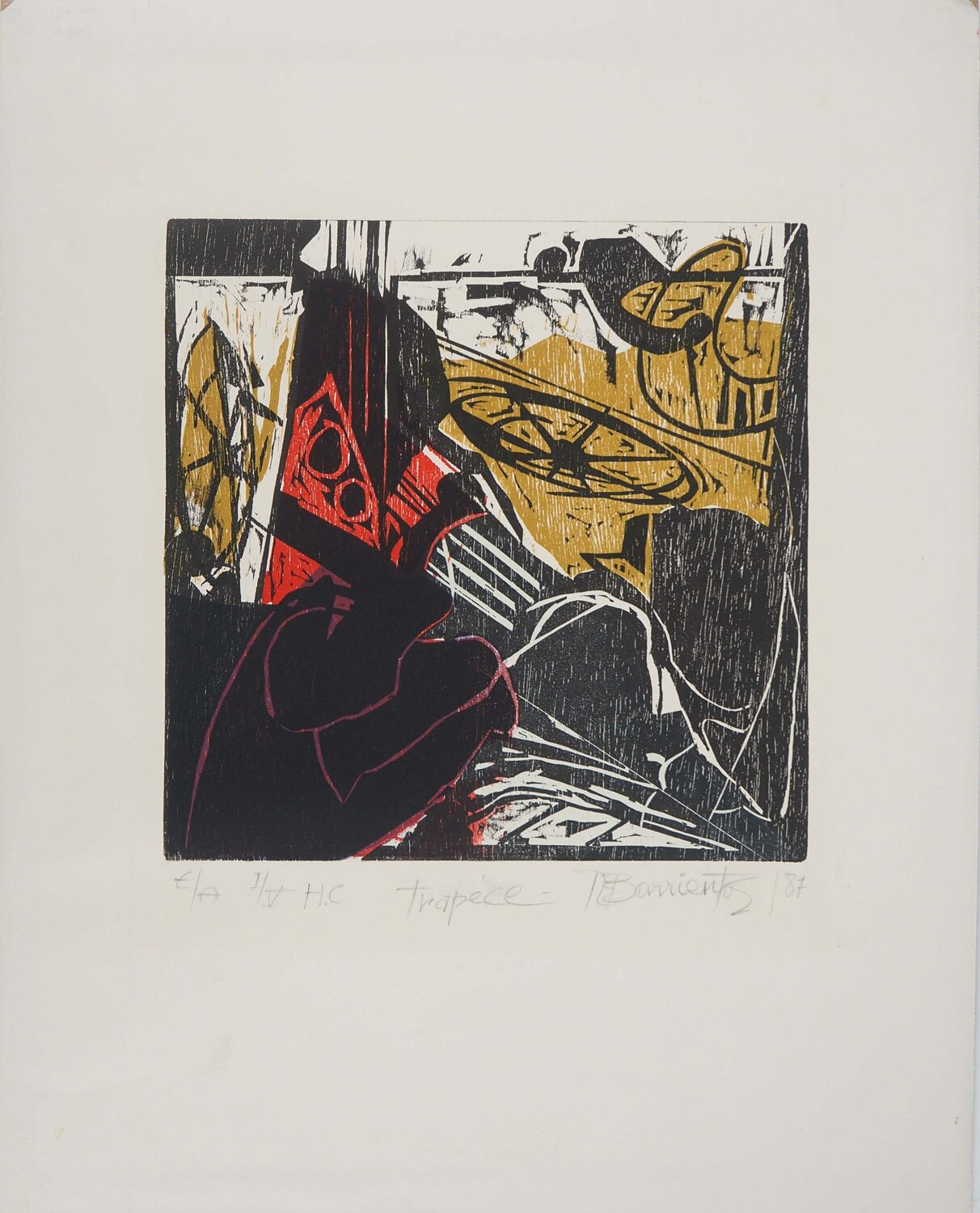 Le cirque abstrait, Gravure sur bois originale signée Barrientos Rodrigo Afdruk te koop