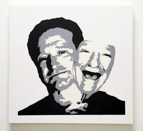“Robin Williams behind the Mask” - stenciled acrylic spray on cotton canvas van Plastic Jesus, Schilderij te koop op Singulart