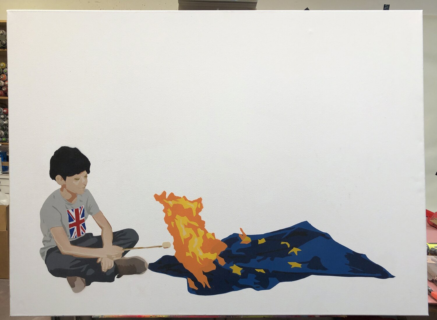 Burning Down The House – Stencil Acrylic Spray Paint on Canvas Plastic Jesus