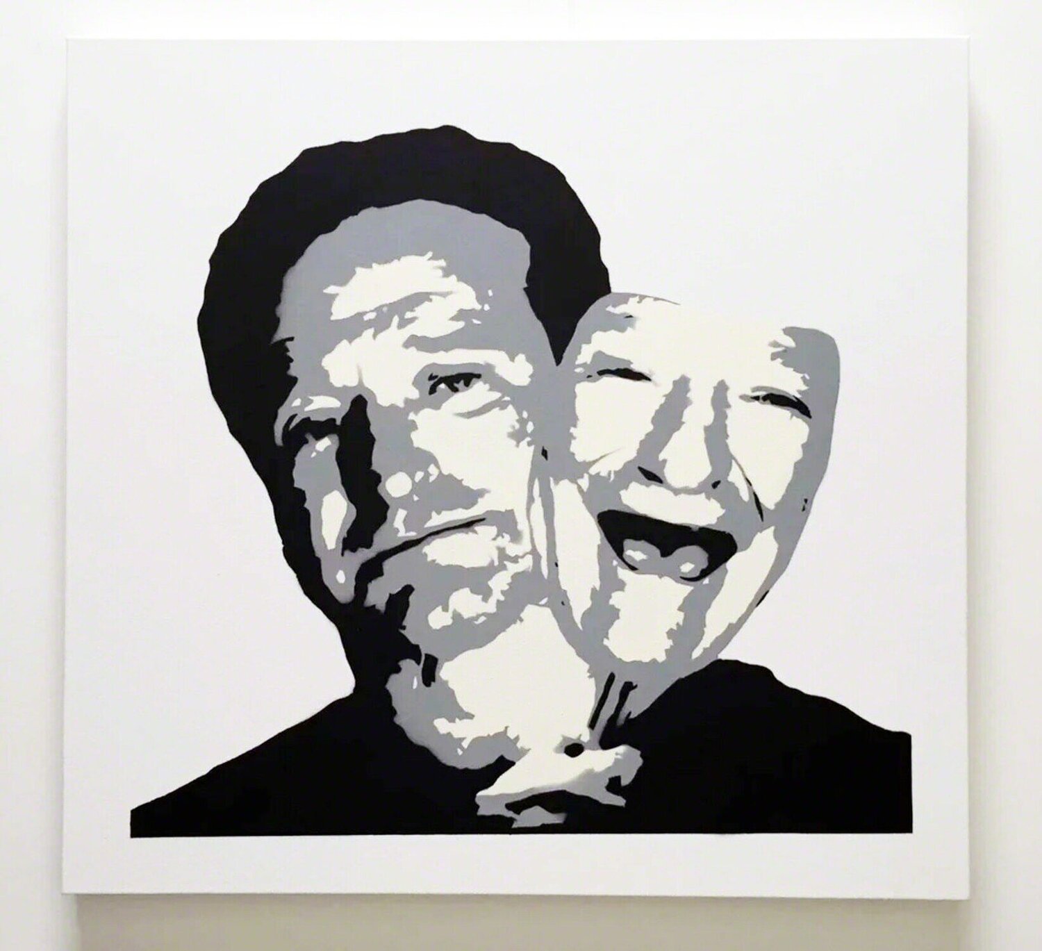 “Robin Williams behind the Mask” - stenciled acrylic spray on cotton canvas Plastic Jesus Originalgemälde zu verkaufen
