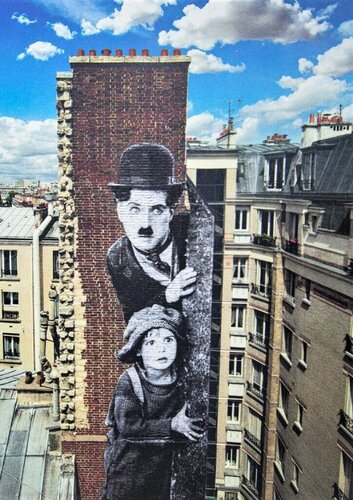 Charlie Chaplin revu par JR, The Kid, Charlie Chaplin & Jackie Coogan, USA, 1923, de jour, Paris, 2021. by JR, 인쇄 for Sale on Singulart