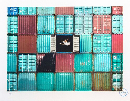 The Ballerina Jumping In Containers van JR, Fotografie te koop op Singulart